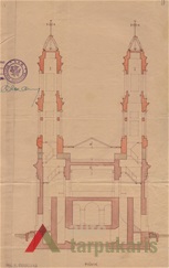 Bažnyčios pagrindinio fasado ir bokštų pjūvis. K. Reisonas, 1933 m. KAA. F. 17. Ap.1, b. 49, l. 18
