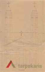 Bažnyčios fasado brėžinys. K. Reisonas, 1933 m. KAA. F. 17. Ap.1, b. 49, l. 18