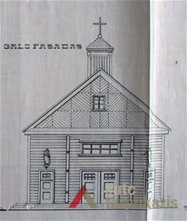Bažnyčios pagrindinio  fasado brėžinys. A. Aleksandravičius, 1937 m. LCVA. F. 1622. Ap. 4, b. 713, l. 72