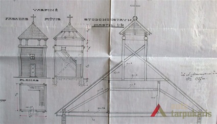 Varpinės ir bažnyčios stogo konstrukcijos brėžiniai. A. Aleksandravičius, 1937 m. LCVA. F. 1622. Ap. 4, b. 713, l. 72