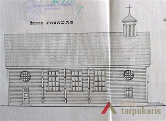 Bažnyčios šoninio fasado brėžinys. A. Aleksandravičius, 1937 m. LCVA. F. 1622. Ap. 4, b. 713, l. 72