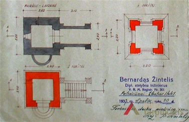 Mūrinės varpinės planai. Bernardas Žintelis, 1937 m. LCVA. F. 1622. Ap. 4, b. 729, l. 68