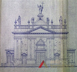 Bažnyčios pagrindinis fasadas. V. Michnevičius, 1930 m. LCVA. F. 1622. Ap. 4, b. 91, l. 9.