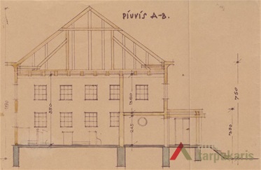 II projektas. Sinagogos pjūvis A-B. I. Trakmanas, 1935 m. KAA. F. 17. Ap. 1, b. 78, l. 38