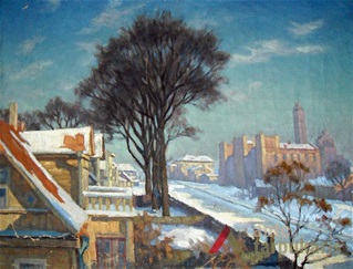 "Savanorių prospektas žiemą", Jono Buračo piešinys, 1960 m. Paveikslas saugomas mokyklos muziejuje.
