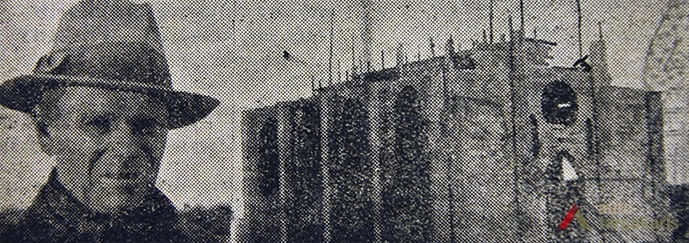 Bažnyčios fundatorius ir statoma šventovė. Iš "Dienos Naujienos", 1931 m. spalio 9 d.