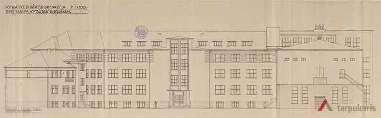Vytauto Didžiojo gimnazijos fasadas iš kiemo pusės (šiaurinis). LCVA, f. 1622, ap. 4, b. 313, l. 2