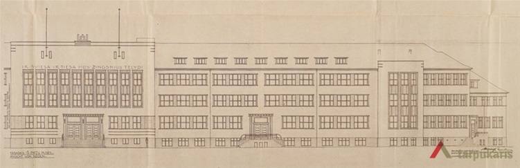 Vytauto Didžiojo gimnazijos pagrindinis (pietinis) fasadas. LCVA, f. 1622, ap. 4, b. 313, l. 2