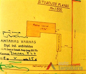 R. Polovinsko prie kavinės 'Vita' verandos pristatymo projektas. Situacija planas. Inž. A. Varnas, 1938 m. KAA 17.1.76.