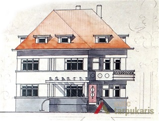 Pulkininko Boleslovo Jakučio gyvenamojo namo projektas, pagrindinis fasadas, arch. B. Elsbergas, 1939 m. LCVA, f. 1622, ap. 3, b. 218.