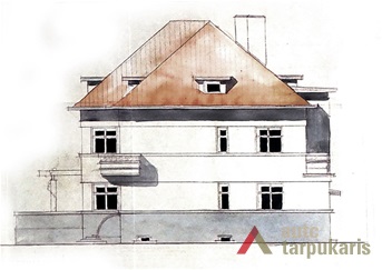 Pulkininko Boleslovo Jakučio gyvenamojo namo projektas, rytinis fasadas, arch. B. Elsbergas, 1939 m. LCVA, f. 1622, ap. 3, b. 218.