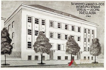 Pirmas projekto variantas (1937 m. atvirukas). Iš: Miškinis A., Morkūnas K. Kauno atvirukai 1918-1940, Vilnius: Lietuvos nacionalinio muziejaus biblioteka, 2001, p. 154
