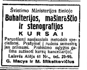 Buhalterijos, mašinraščio ir stenografijos kursų reklaminis skelbimas